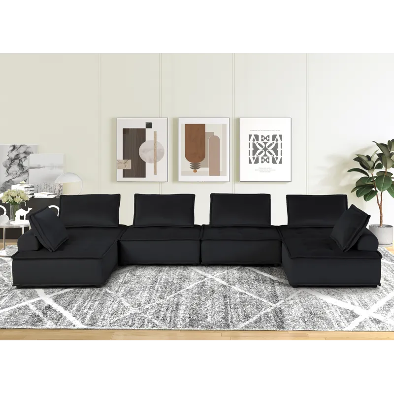 Anna - Velvet 6-Seater U-Shape Modular Sectional Sofa - Black