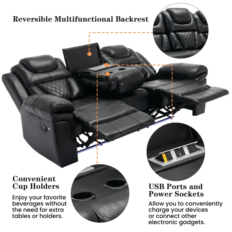 Home Theater Seating Manual Recliner Chair With Center Console And Led Light Strip For Living Room -