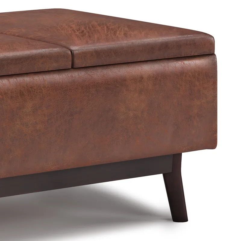 Owen - Tray Top Small Coffee Table Storage Ottoman - Distressed Saddle Brown