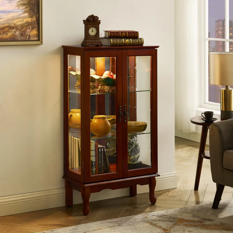 Curio Cabinet Lighted Curio Diapaly Cabinet With Adjustable Shelves And Mirrored Back Panel, Tempere
