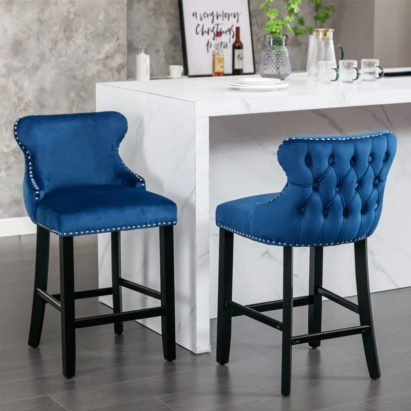 Contemporary Velvet Upholstered Wing-Back Barstools With Button Tufted Decoration And Wooden Legs, A