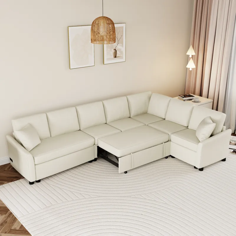 L-Shaped Sofa Convertible Sofa Bed Pull Out Sofa Sleeper With Two Back Pillows, Two USB Ports And Tw