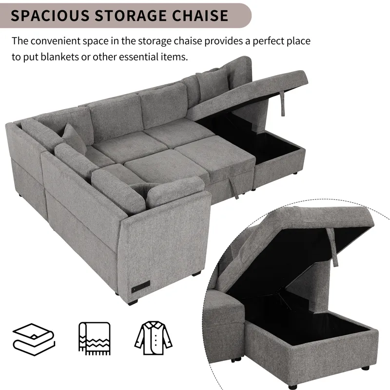 U-Shaped Sectional Sofa Pull Out Sofa Bed With Two USB Ports, Two Power Sockets, Three Back Pillows 