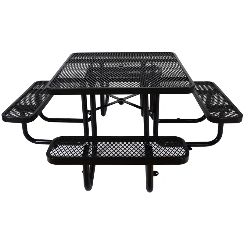 Square Outdoor Steel Picnic Table , With Umbrella Pole - Black
