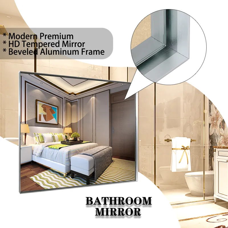 40X30\" Silver Rectangular Wall-Mounted Beveled Bathroom Mirror, Square Angle Metal Frame Wall Mount