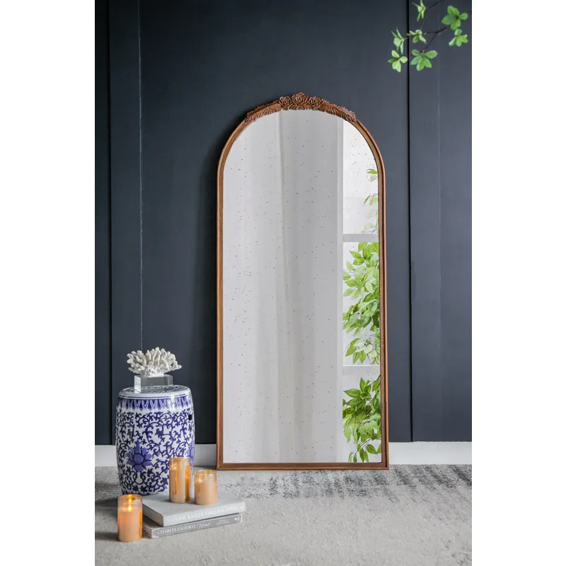 Hand Carved Rose Antique Mirror Frame, Large Arch Mirror Wall Decor For Living Room, Bathroom, Entry