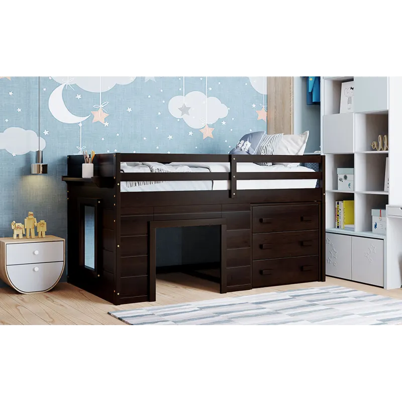 Twin Size Loft Bed With Cabinet And Shelf - Espresso