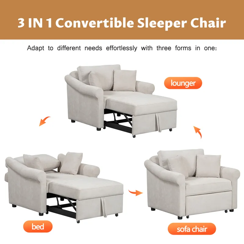 Chenille Convertible Sleeper Chair With Adjustable Backrest, 3 In 1 Lounger Chair Turns Into Bed, Si
