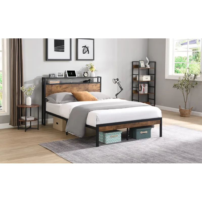 King Size Metal Platform Bed Frame With Wooden Headboard And Footboard With USB Liner, No Box Spring