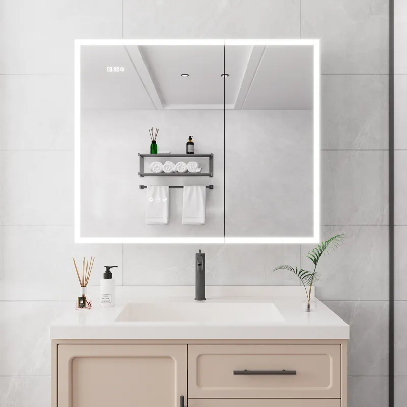 Bathroom Medicine Cabinet With Lights, 36×30" LED Medicine Cabinet With Mirror, Double Door Lighted Medicine Cabinet With Defogger, Dimmer, Clock & Temp Display, 2 Outlets & USB Ports - Silver