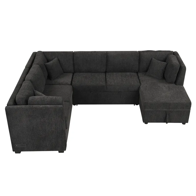 U-Shaped Sectional Sofa Pull Out Sofa Bed With Two USB Ports, Two Power Sockets, Three Back Pillows 