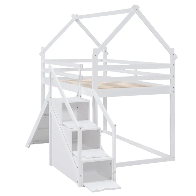 Twin Over Twin House Loft Or Bunk Bed With Slide And Staircase - White
