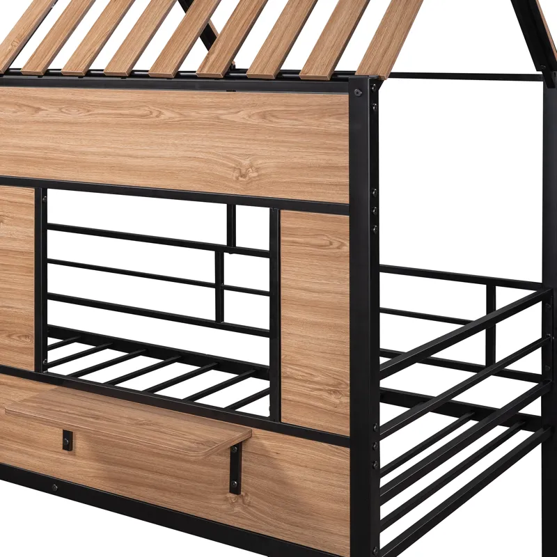 Twin Size Loft Bed With Roof, Window, Guardrail, Ladder Black