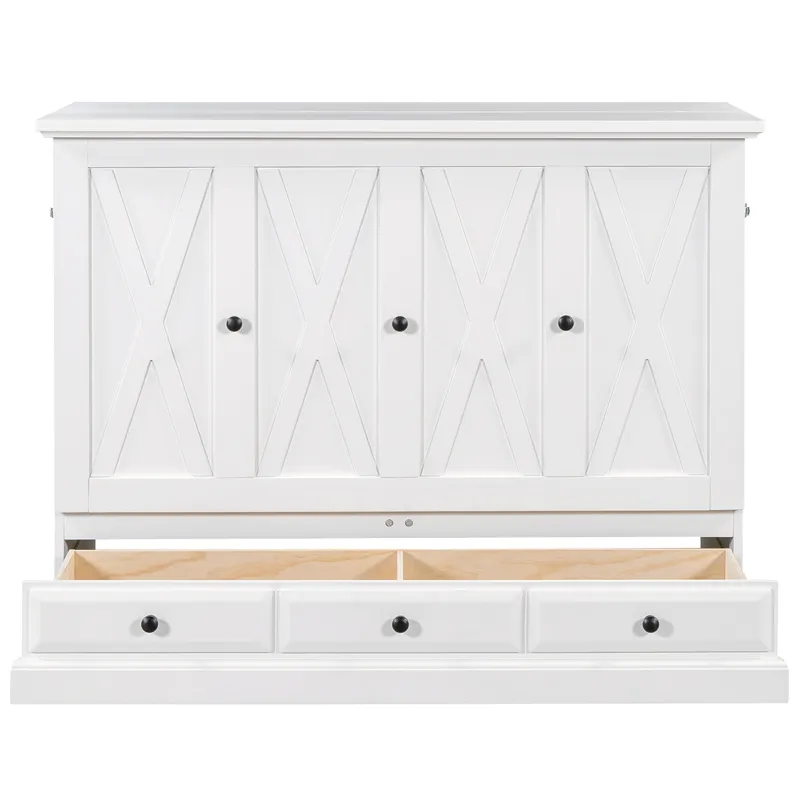 Full Solid Pine Murphy Bed Chest Cube Cabinet Bed With Charging Station And Large Storage Drawer For