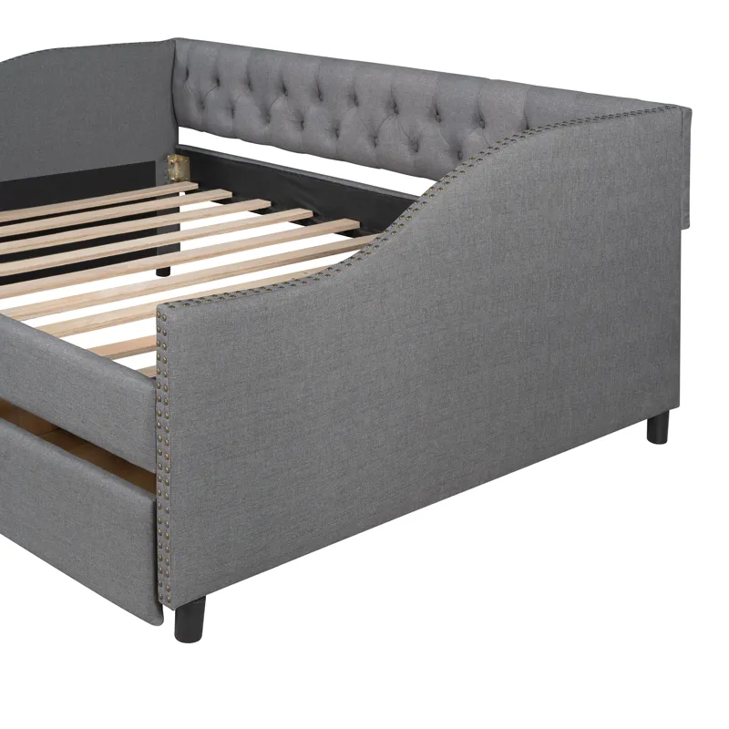 Full Size Upholstered Daybed With Two Drawers, Wood Slat Support - Gray