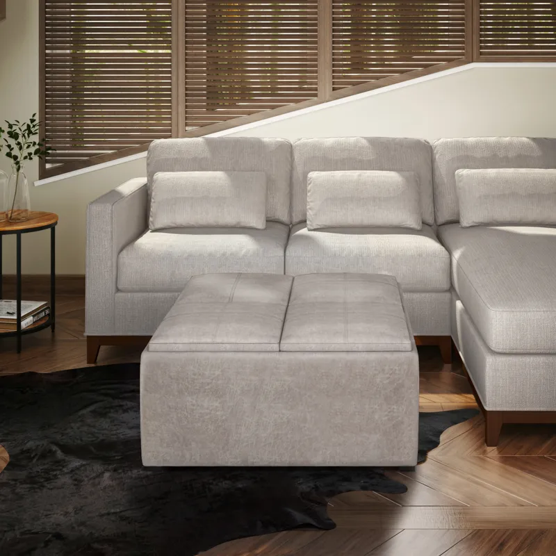 Avalon - Square Coffee Table Storage Ottoman - Distressed Grey Taupe