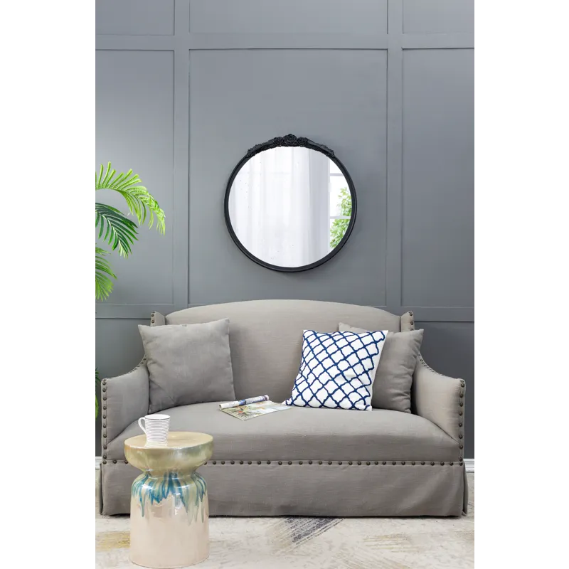 Round Hand Carved Rose Antique Mirror Frame, Wall Mirror For Live Space, Bathroom, Entryway Wall Dec