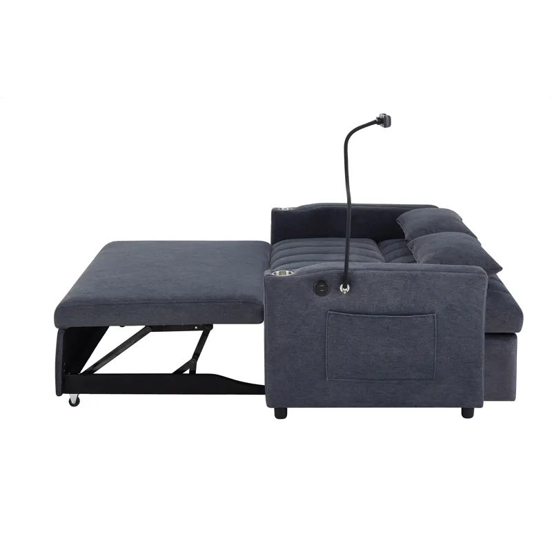 Convertible Sofa Bed Loveseat Sofa With Three USB Ports, Two Side Pockets, Two Cup Holders And 360° 