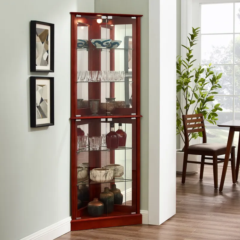 Corner Curio Dispaly Cabinet With Lights, Adjustable Tempered Glass Shelves, Mirrored Back (E26 Ligh