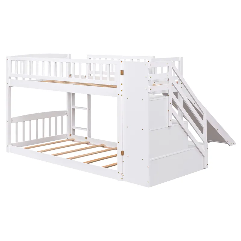 Stairway Twin Over Twin Bunk Bed With Two Drawers And Slide - White
