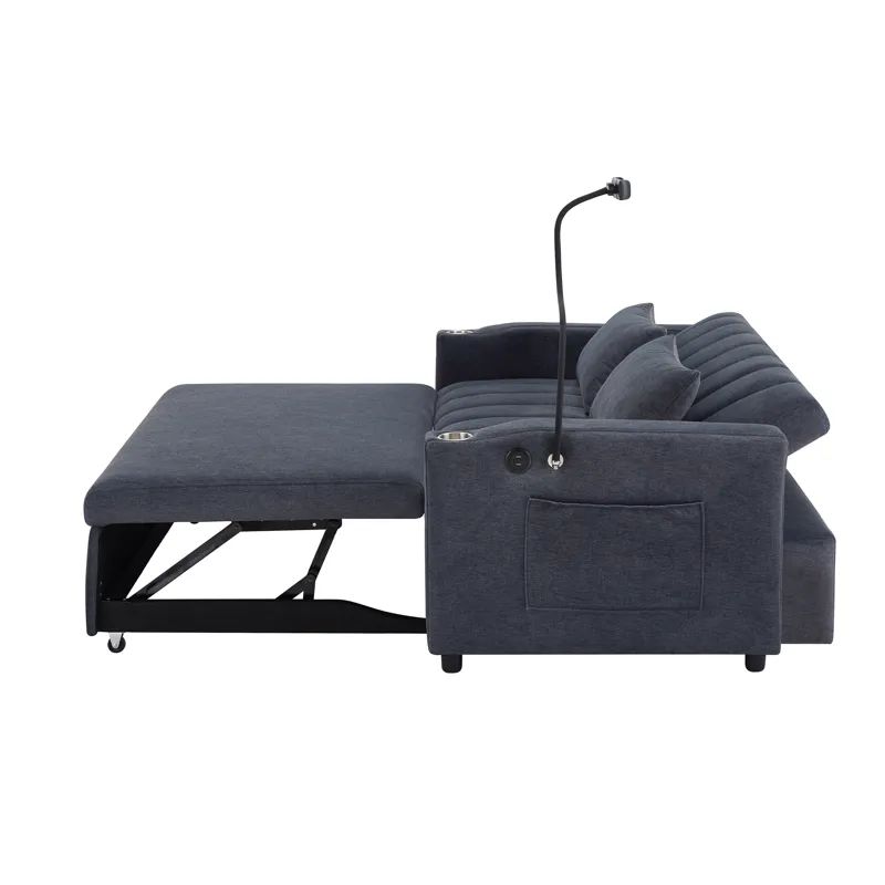 Convertible Sofa Bed Loveseat Sofa With Three USB Ports, Two Side Pockets, Two Cup Holders And 360° 