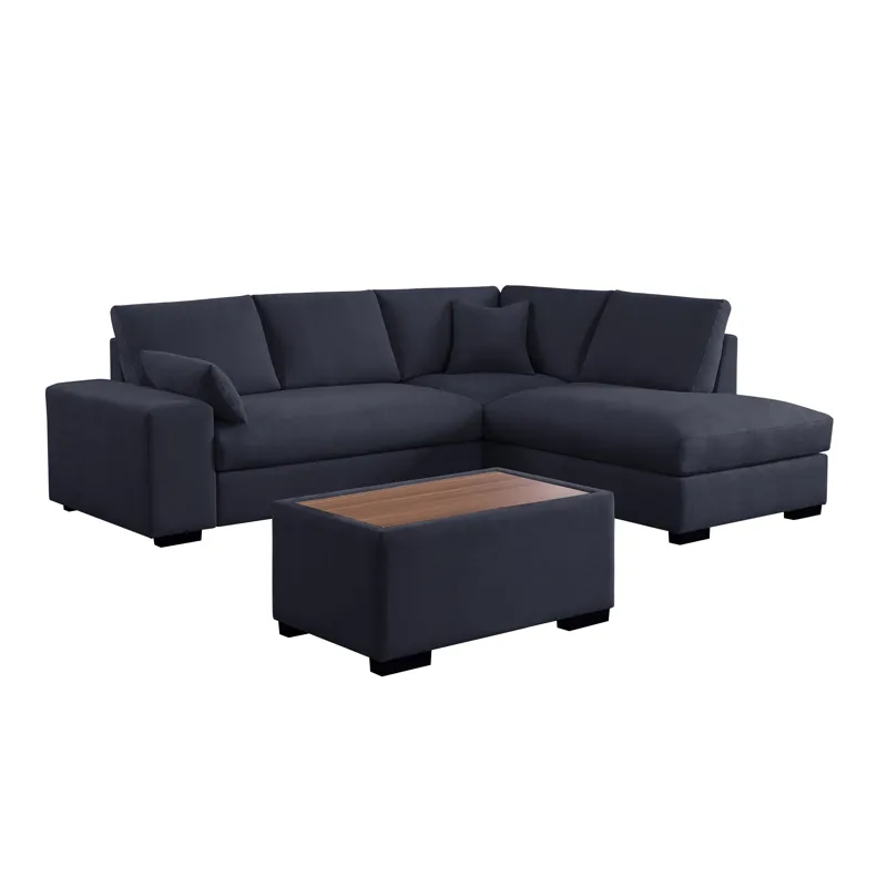 Joshua - 100\"W Dark Gray Woven Fabric Sectional Sofa With Right Facing Chaise and Console Ottoman