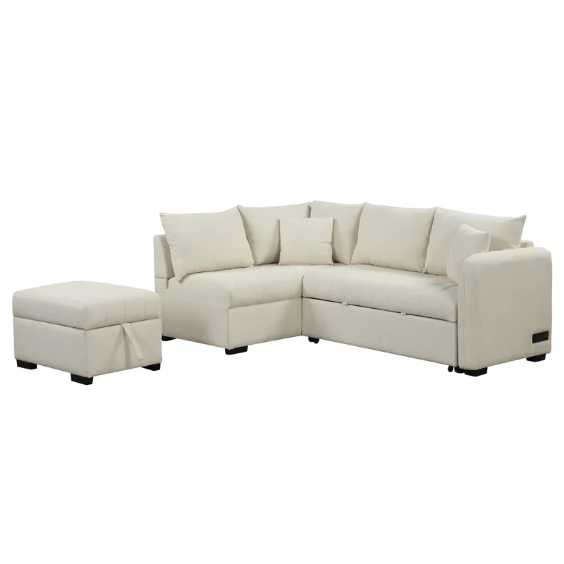 L-Shaped Sectional Pull Out Sofa Bed Sleeper Sofa With Two USB Ports, Two Power Sockets And A Movabl