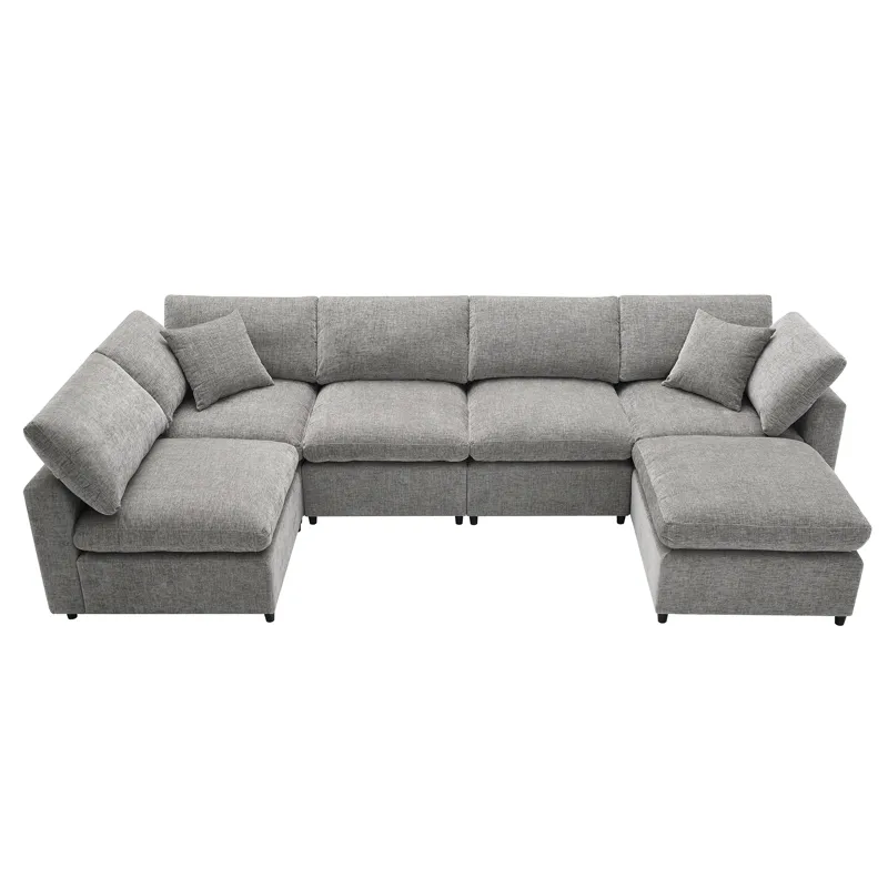 Modern Modular Cloud Sofa Bed, 6 Seat Chenille Sectional Couch Set With Ottoman, Free Combination, C