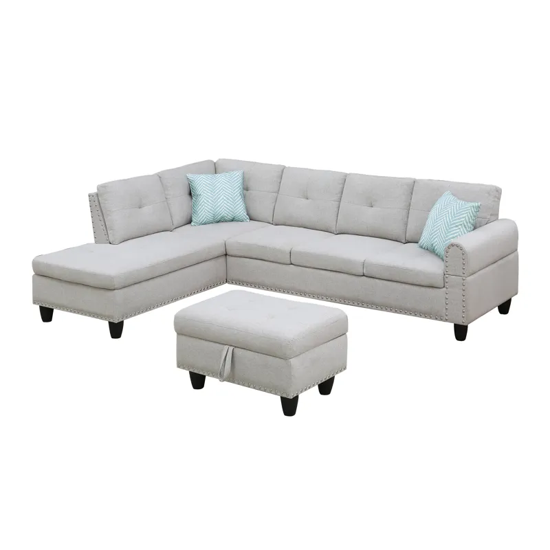 Alger - 98" Wide Left Hand Facing Sofa & Chaise With Ottoman - Light Gray