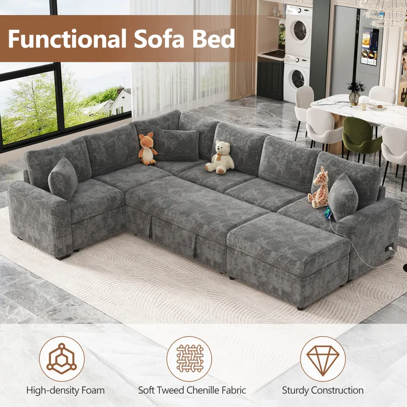 Sectional Sofa Pull-Out Sofa Bed Sleeper With A Storage Ottoman, Three Pillows And Charging Devices 