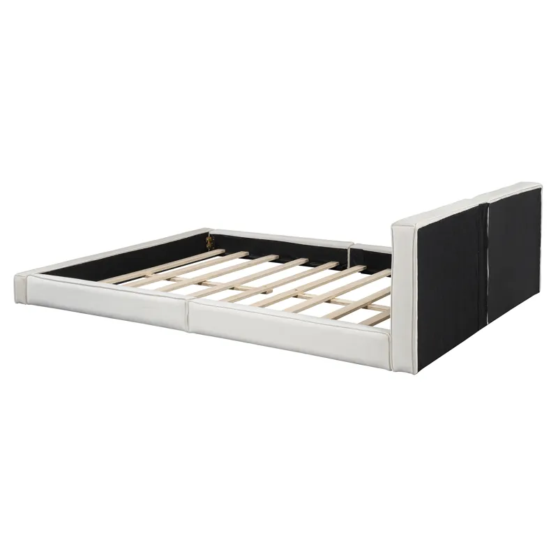 Queen Size Upholstered Platform Bed With , Grounded Bed With Solid Frame - Beige