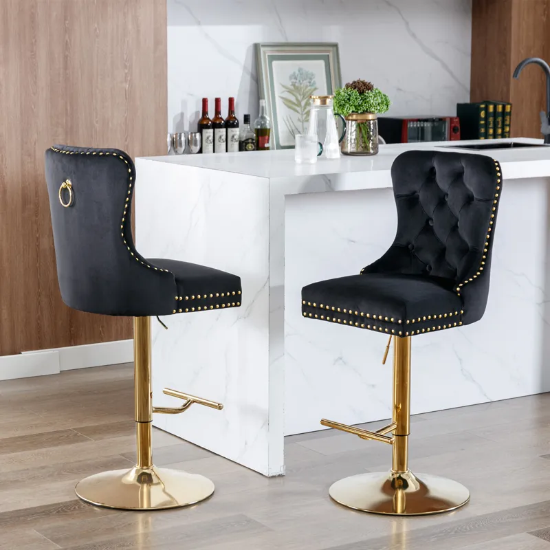 Thick Golden Swivel Velvet Barstools Adjusatble Seat Height From 27-35\", Modern Upholstered Bar Sto