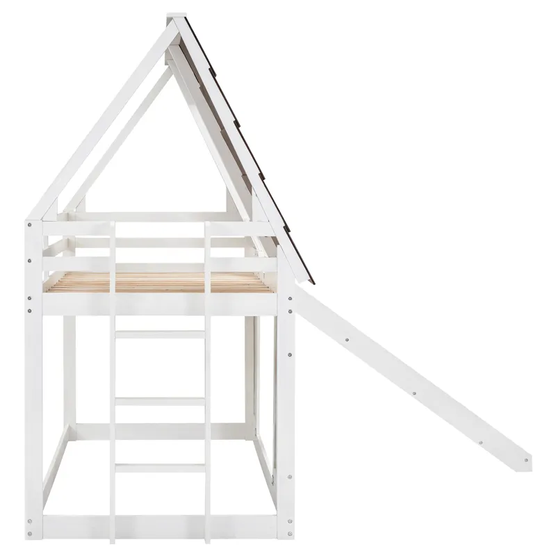 Wood Twin Size House Bunk Bed With Roof, Ladder And Slide - White / Brown