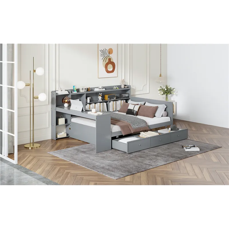 Full Size Wooden Daybed With 3 Drawers, USB Ports And Desk - Gray