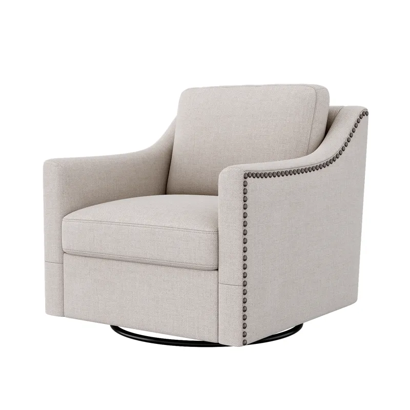 360 Degree Swivel Armchair Cotton Linen Skin-Friendly Fabric Ergonomic Design Brass Nail Decorative 