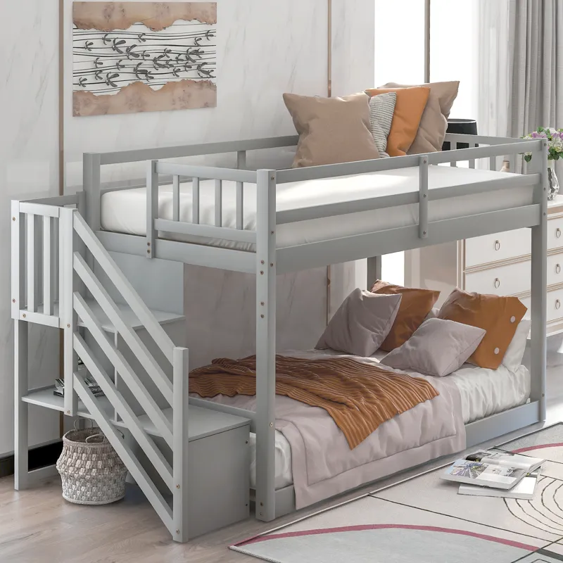 Twin Over Twin Floor Bunk Bed, Ladder With Storage - Gray