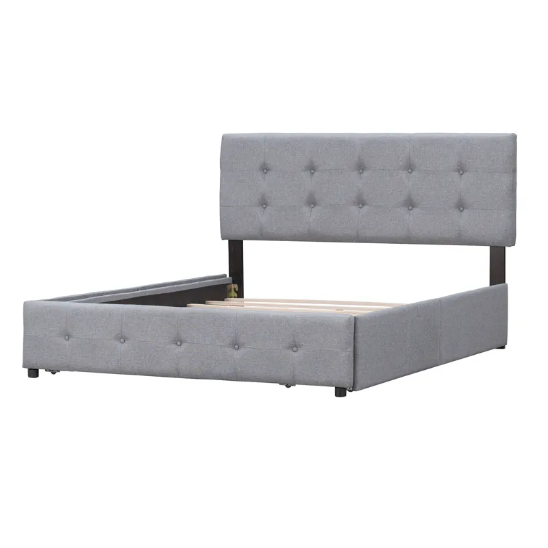 Queen Size Upholstered Platform Bed With Classic Headboard And 4 Drawers, No Box Spring Needed - Lig