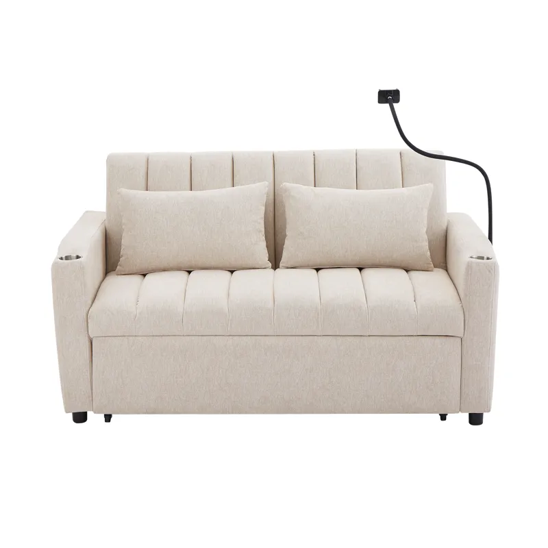 Convertible Sofa Bed Loveseat Sofa With Three USB Ports, Two Side Pockets, Two Cup Holders And 360° 