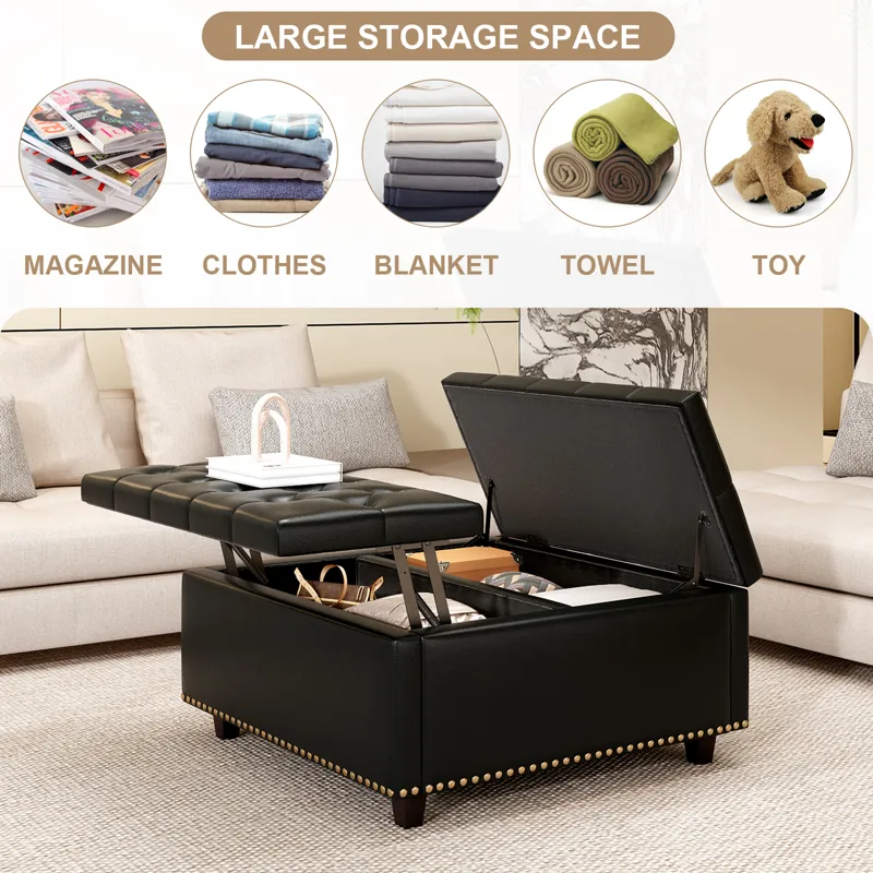 Large Square Storage Stool With Two Storage Doors, Footstool For Living Room Studded Mid-Century Mod