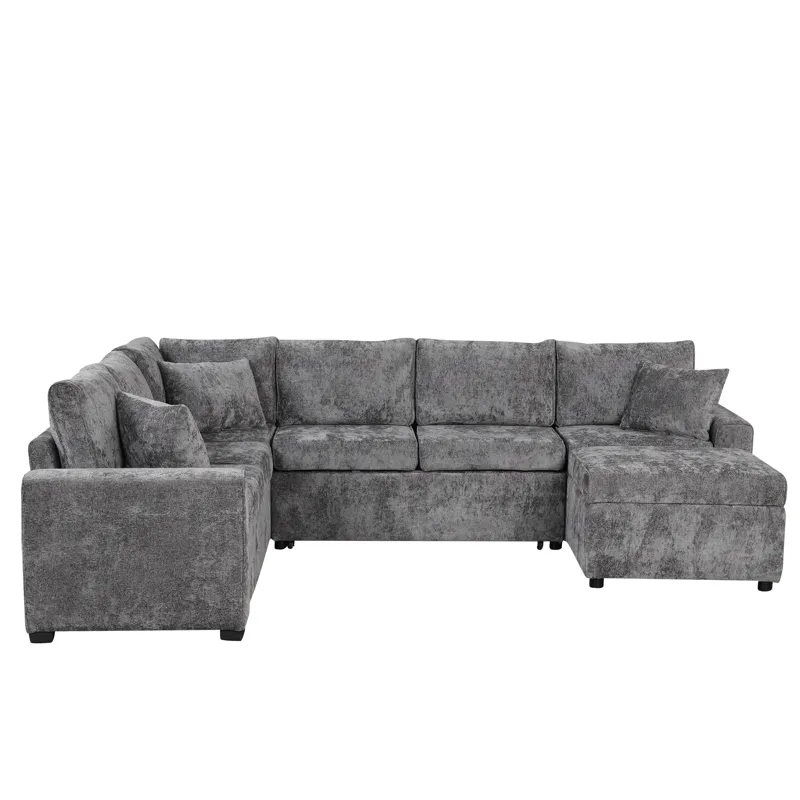 Sectional Sofa Pull-Out Sofa Bed Sleeper With A Storage Ottoman, Three Pillows And Charging Devices 