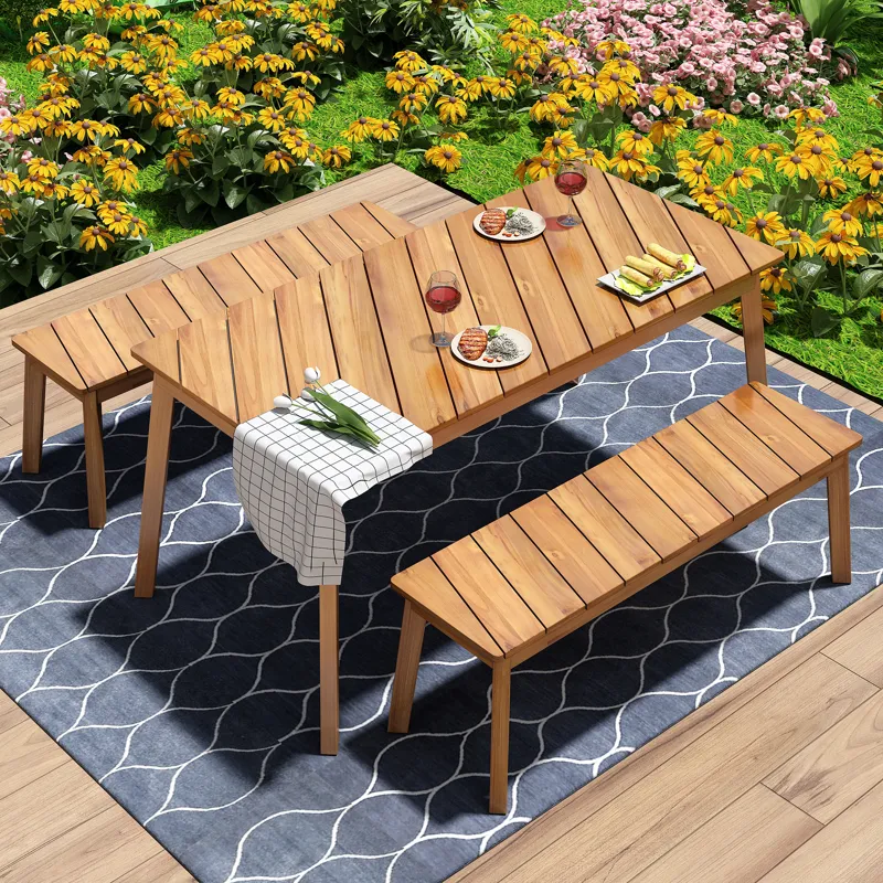 3 Pieces Acacia Wood Table Bench Dining Set For Outdoor & Indoor Furniture With 2 Benches, Picnic Be
