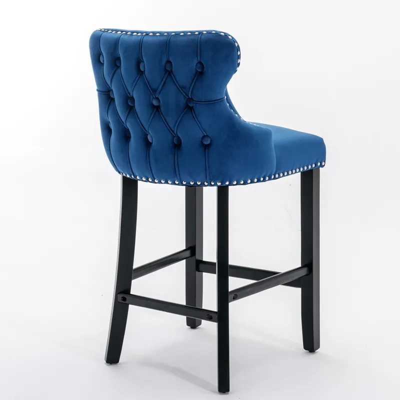 Contemporary Velvet Upholstered Wing-Back Barstools With Button Tufted Decoration And Wooden Legs, A