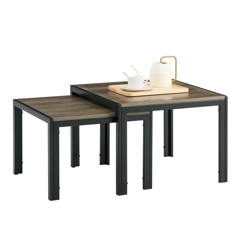 Nesting Coffee Table (Set of 2), Square Modern Stacking Table With Wood Finish For Living Room - Gra