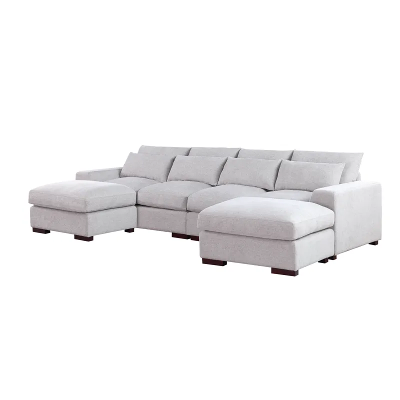 Tatman - Linen Blend Sectional With 2 Ottomans - Light Gray