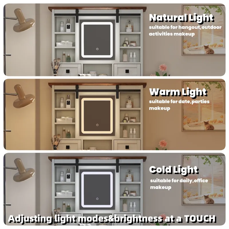 Farmhouse Makeup Vanity Desk With Adjustible LED Lighted Mirror And Charging Station For Bedroom, Dr