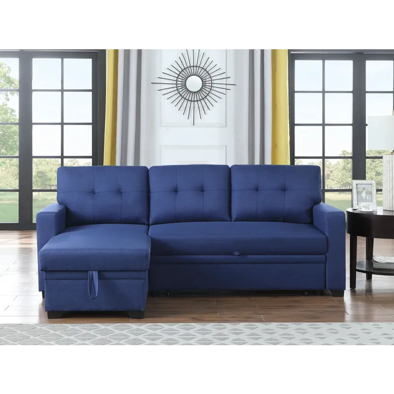 Upholstered Pull Out Sectional Sofa With Chaise - Blue