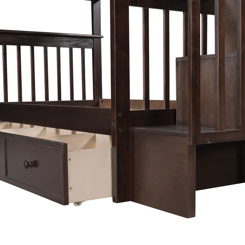 Stairway Twin Over Twin Bunk Bed With Three Drawers For Bedroom, Dorm - Espresso