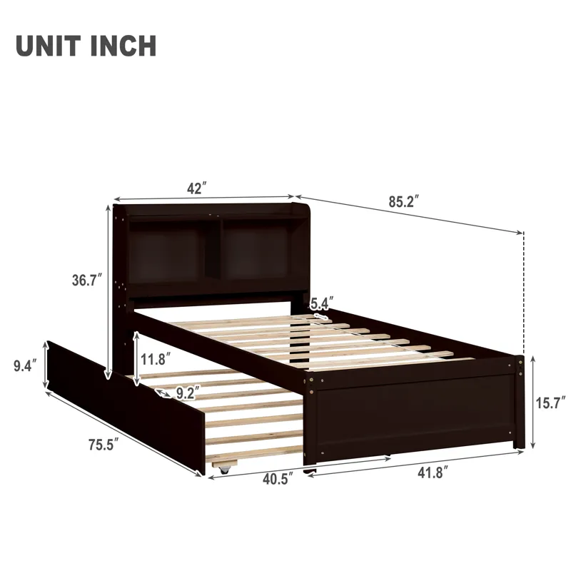 Twin Bed With Trundle, Bookcase - Espresso