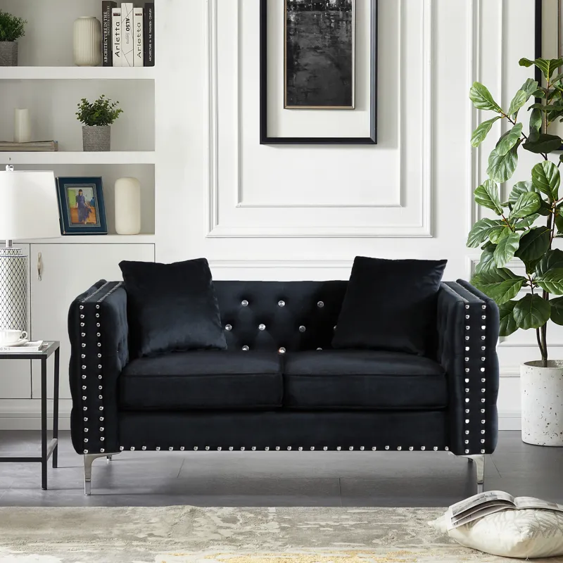 Wide Sofa With Jeweled Buttons Square Arm, 2 Pillows - Black