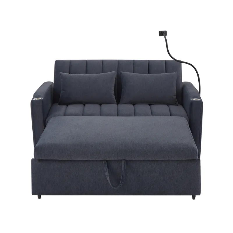 Convertible Sofa Bed Loveseat Sofa With Three USB Ports, Two Side Pockets, Two Cup Holders And 360° 